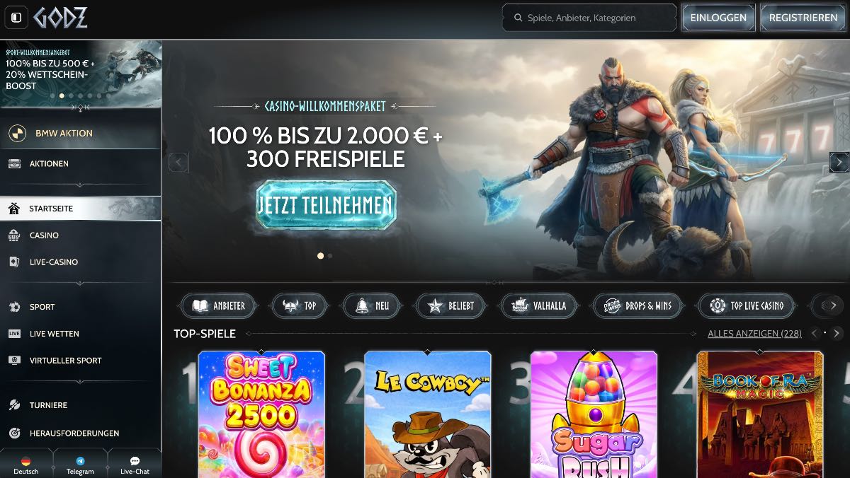 Godz richtet sich an alle Spieler, die flexible Zahlungen und laufende Reload-Promos außerhalb der restriktiven heimischen Bonusgrenzen suchen. Dieses casino ohne deutsche lizenz überzeugt mit einem massiven Willkommenspaket von 400% bis zu 2.000 € und 300 Freispielen, was von Anfang an für maximale Action sorgt.