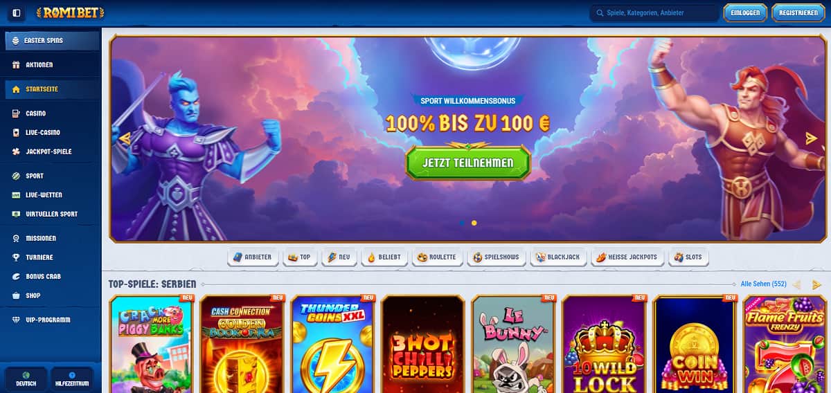 Romibet kombiniert ein innovatives, gamifiziertes Spielsystem mit absolut transparenten und klar verständlichen Bedingungen für deutsche Nutzer. In diesem casino ohne deutsche lizenz macht das Entdecken der Lobby richtig Spaß – zum Start gibt es dafür einen starken 100 % Bonus bis zu 500 € und 200 Freispiele obendrauf.